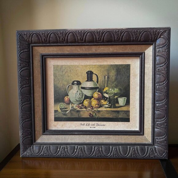 Vintage Framed Wall Art – “Still Life with Decanter” – 1970s European Fruit Bowl - Picture 3 of 13